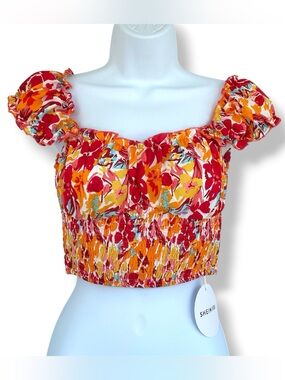 SHEIN Pink & Orange Floral Smocked Puff-Sleeve Crop Top